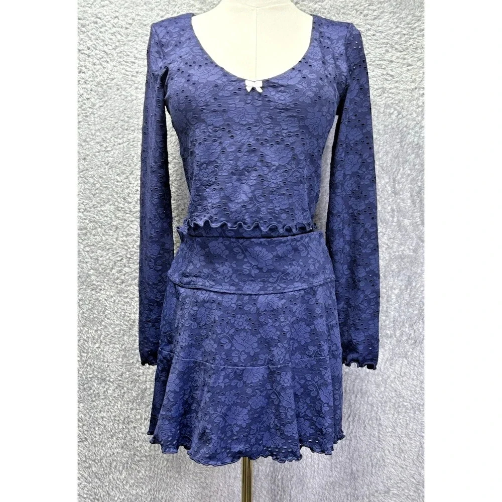Aerie Womens Real Me Lace Flowy Skort Skirt Crop Top Royal Blue Medium Coquette - Picture 3 of 15